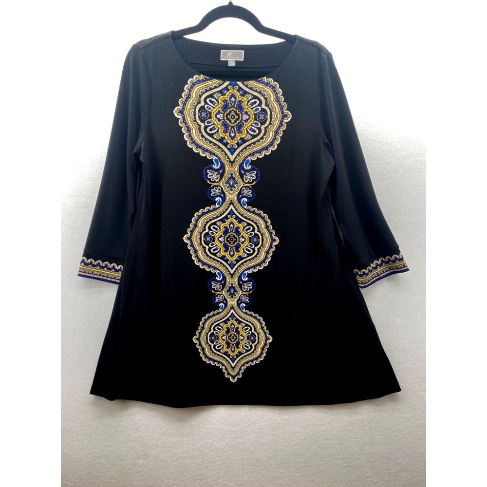 JM COLLECTION‎ Womens Black Beaded Rhinestones Tunic Top Medium Stretchy